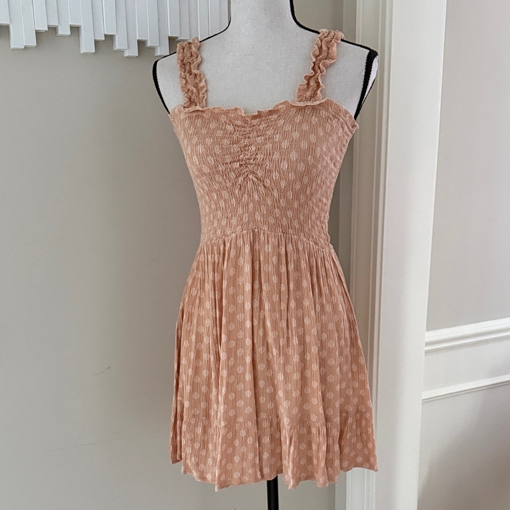 Salty Lemon Peach Smocked Mini Dress Medium Boho Ruffle Strap Summer Babydoll